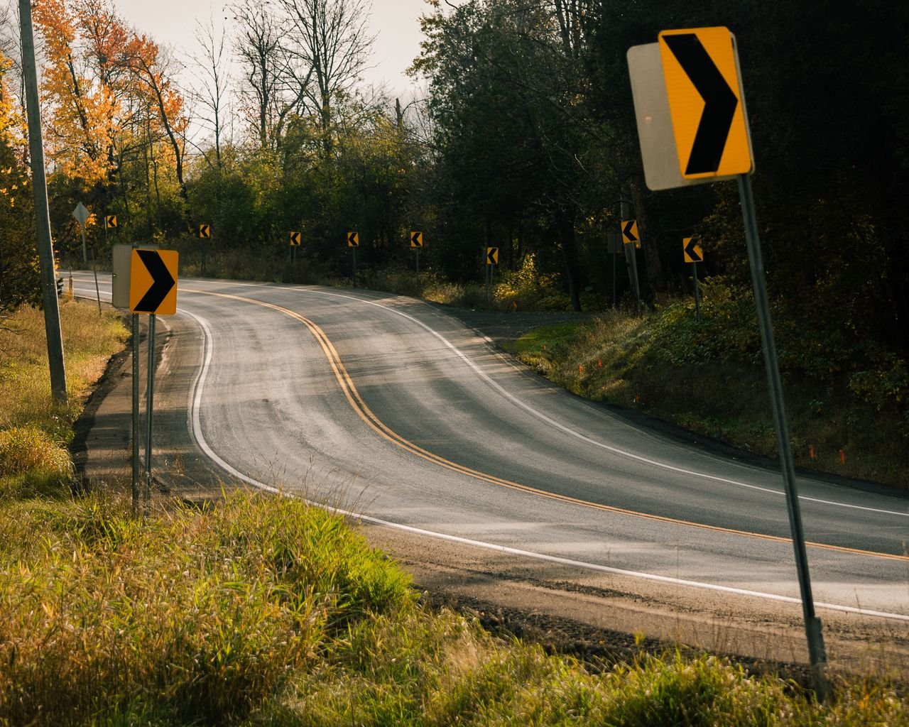 Empty curvy road with visible road signs during fall in Rockwood, Ontario, Canada.